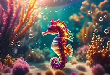 Fototapeta na wymiar AI generated illustration of a Colorful sea horse swimming among vibrant aquatic plants