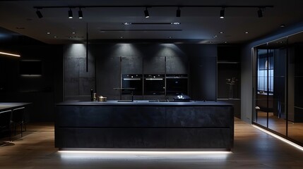 Elegant and opulent kitchen interior in a large, contemporary apartment featuring dark hues, cutting-edge LED lighting, a cooking island, and a dining area