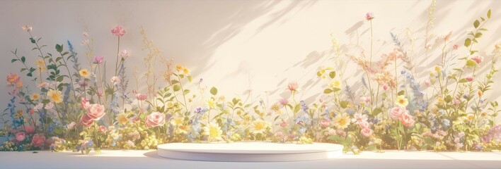 A white podium surrounded by colorful wildflowers, bathed in soft sunlight, creating an enchanting and inviting atmosphere for product display