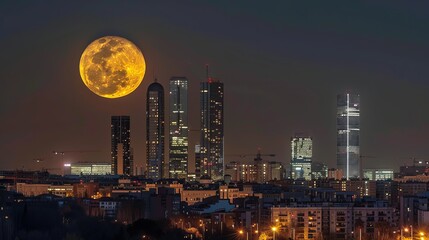 Four Towers Skyline with a super moon. Madrid, Spain.