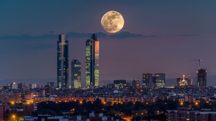 Four Towers Skyline with a super moon. Madrid, Spain.