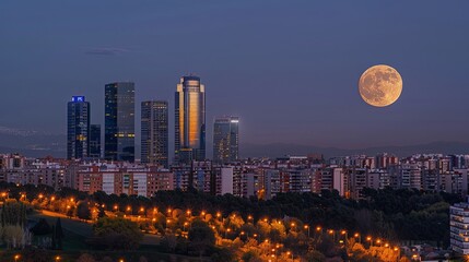 Four Towers Skyline with a super moon. Madrid, Spain.