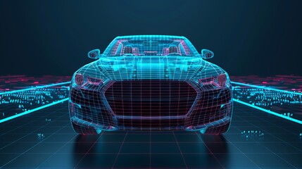 Modern cars' technological underpinnings: futuristic concept (wireframe frontal intersection) with three-dimensional illustration - obrazy, fototapety, plakaty