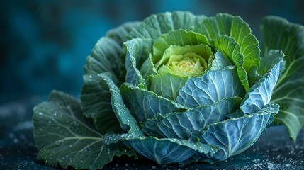 Closeup of a whole cabbage head, showcasing its compact leaves and vibrant hue. AI generate illustration - obrazy, fototapety, plakaty
