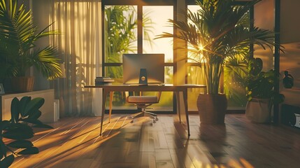 AI generated illustration of a sunlit room adorned with an abundance of plants and large windows