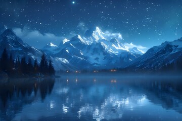 Serene Starlit Peaks and Reflective Lake. Concept Landscape Photography, Night Sky, Mountain Vista, Water Reflections