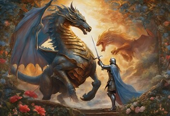 AI generated illustration of a knight wielding sword challenges dragon on his back