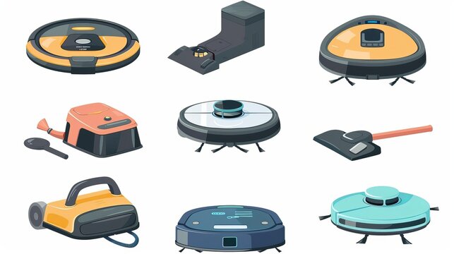 Vacuum cleaner robot. Smart cleaning gadgets for the home and workplace, home automation tools, and cyclone vacuums. Vector isolated set. Professional tools and gadgets for housekeeping