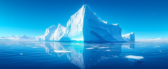 An iceberg in the Arctic sea, blue sky, light fog, reflections of icebergs on the water surface