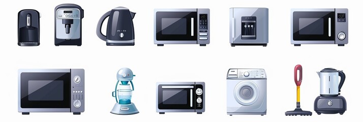 Realistic vector set of isolated home and kitchen appliances on a white background. Microwave, refrigerator, washing-machine, toaster, multi-cooker, kettle, blender, robot vacuum cleaner, iron