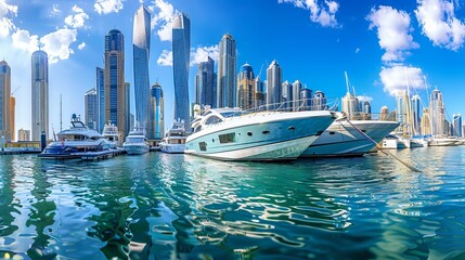 View Dubai Marina skyscrapers and luxurious super yacht marina, United Arab Emirates