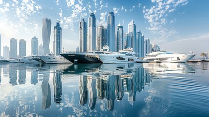 View Dubai Marina skyscrapers and luxurious super yacht marina, United Arab Emirates - obrazy, fototapety, plakaty