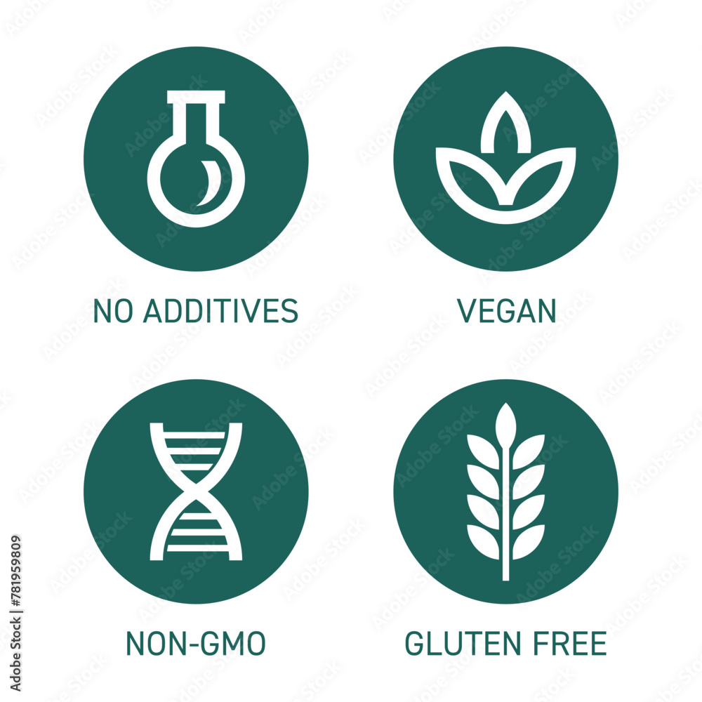 Sticker Vegan, Non-GMO, Gluten free pictograms, bold line