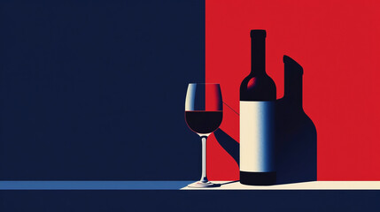 Illustration of a bottle of wine and a glass of wine in a minimal style - obrazy, fototapety, plakaty