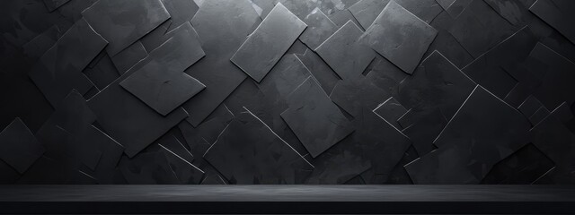 Black podium scene background for product display presentation with abstract rock wall background