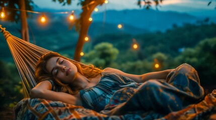 AI generated illustration of a woman lounging on hammock beneath illuminated forest canopy - obrazy, fototapety, plakaty
