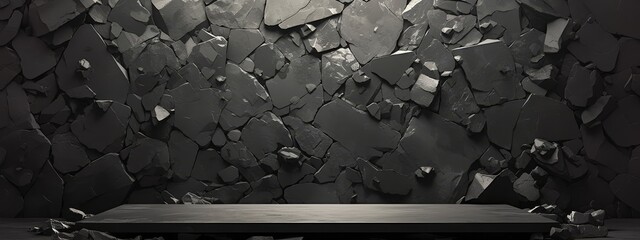 Black podium scene background for product display presentation, abstract black rock wall scene with round platform pedestal on dark grey background, 