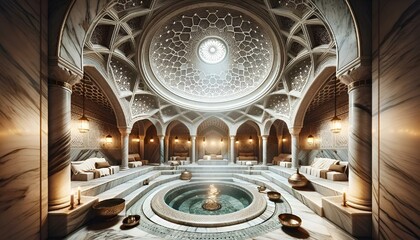 AI generated illustration of a lavishly decorated chamber with an opulent fountain