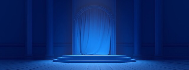blue podium background with spotlight and blue cloth curtain for product presentation