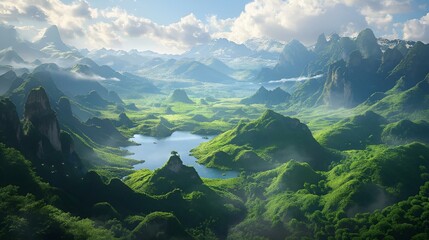 the mountain is covered with lush green hills and trees with lake in foreground