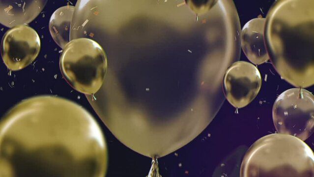 3d animation of golden balloons and confetti on a dark blue background - holiday, birthday template