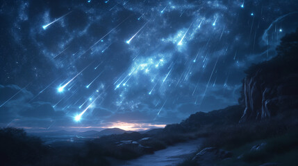 meteors streak across the sky quickly in the night sky , in the style of surrealist metamorphosis, light indigo and dark