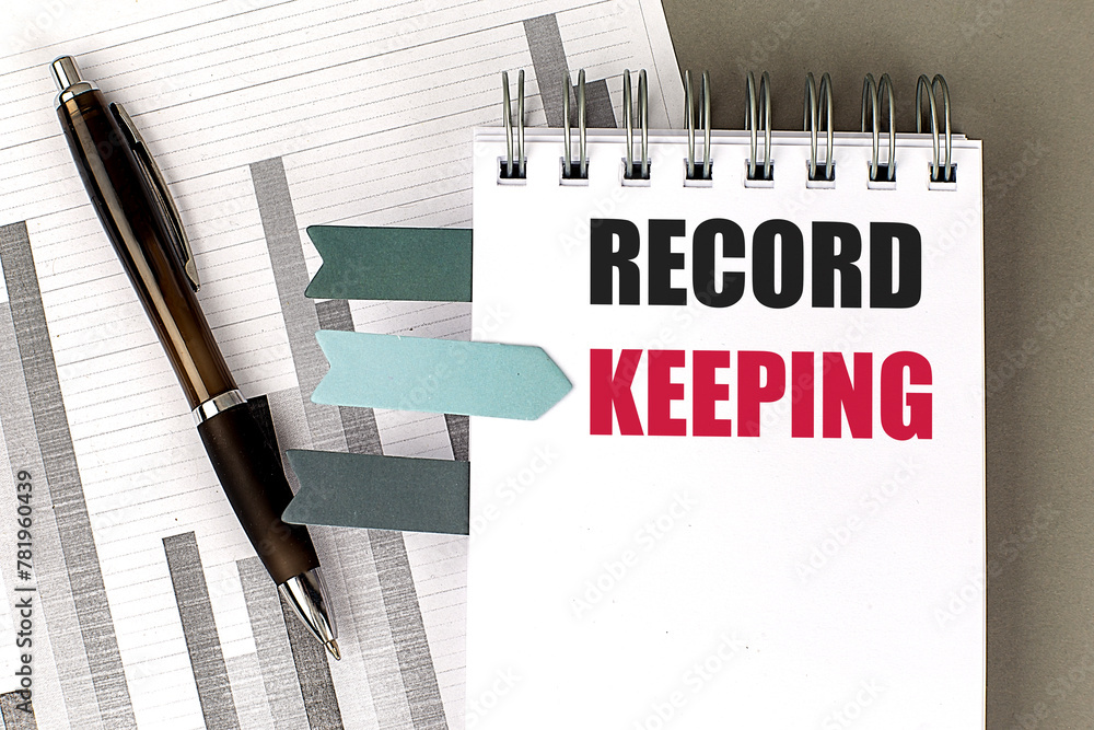 Poster record keeping text on notebook with chart on gray background