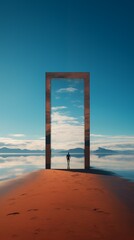 AI generated illustration of a man standing on beach in front of open archway
