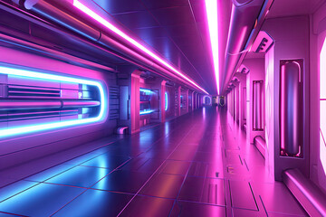 Fototapeta premium Luminous Neon Infused Futuristic Corridor Sleek Lines, Immersive Design
