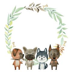 Baby shower card. Vector watercolor wreath with dogs. - 781960664