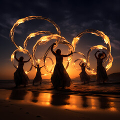 Fire dancers on a moonlit beach.