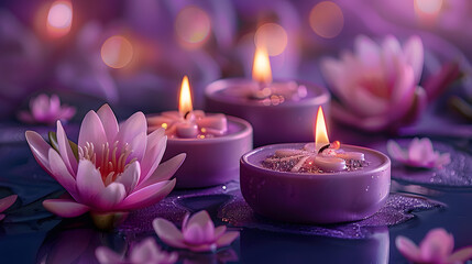 Obraz na płótnie Canvas three candles with little lotus flowers on a purple background