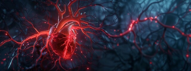 A background depicting the human circulatory system with arteries, veins, and a beating heart in a transparent view. (Consider specifying other systems like nervous or respiratory) - obrazy, fototapety, plakaty