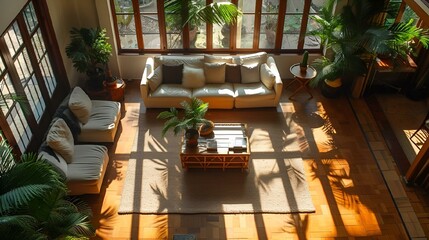 view of a living room with many windows, plants and couches