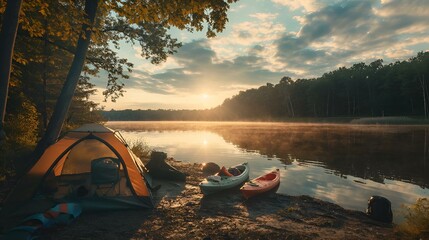 Two canoes and a tent by a serene waterfront surrounded by lush trees, AI-generated. - obrazy, fototapety, plakaty