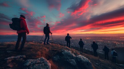 Group of people hiking up a hill during sunset, with a cityscape in the background, AI-generated. - obrazy, fototapety, plakaty