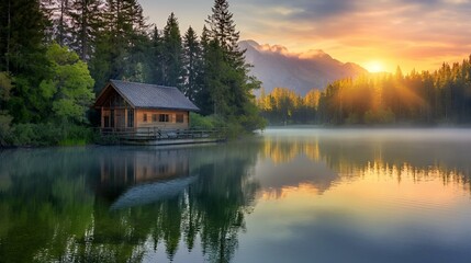 Fototapeta na wymiar Cozy lakeside cabin nestled amidst a serene forest at sunrise, AI-generated.