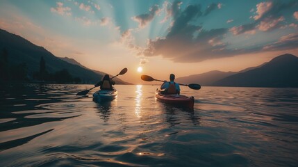 AI-generated illustration of a couple paddling in kayaks on calm waters at sunset