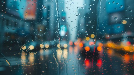 AI generated illustration of raindrops on windowpane with urban skyline in background - obrazy, fototapety, plakaty