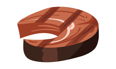 A piece of red grilled fish. Red fish steak, salmon fillet. An isolated element of fresh organic seafood for a restaurant, sushi bar menu, poster, banner with a place to copy. On a white background