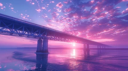 Zelfklevend Fotobehang sunset on the big bridge with vaporwave tone color, suitable for wallpaper, posters. Generative AI © wellyans