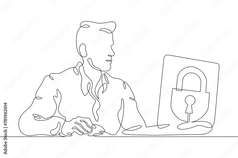 Poster one continuous line.web privacy policy. a man in front of a laptop screen. lock on the monitor scree