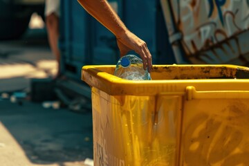 AI generated illustration of a man retrieving a bottle from a yellow garbage bin - obrazy, fototapety, plakaty