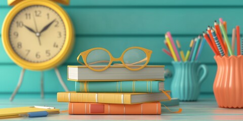 Glasses on stack of books with stationery