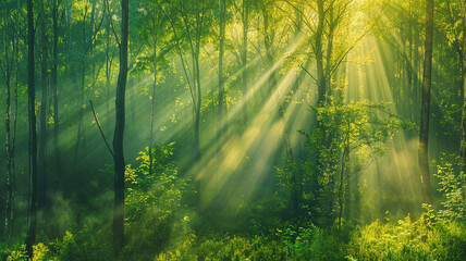 Beautiful green forest panorama with tall trees and sunlight rays shining through the leaves, Nature landscape background, spring nature landscape background - obrazy, fototapety, plakaty