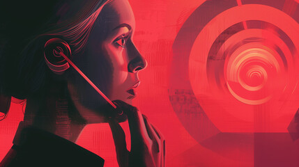 Red-toned illustration of a woman with headset, symbolizing communication privacy. - 781962425