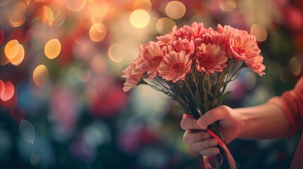 close-up of a girl holding a bouquet of flowers - obrazy, fototapety, plakaty