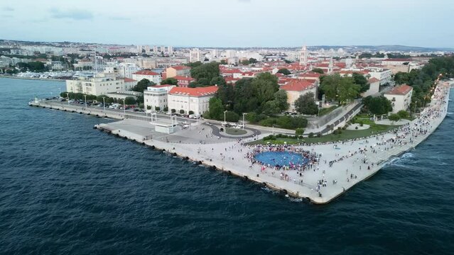 Zadar, Croatia. Aerial view of city center and main landmarks at sunset