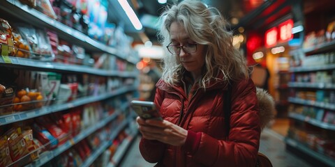 Fototapeta premium A busy mature blonde woman shops for groceries, texting on her phone in the supermarket aisle.