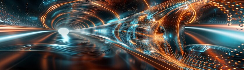 Futuristic orange and blue data vortex, abstract concept of dynamic information flow. - 781962669